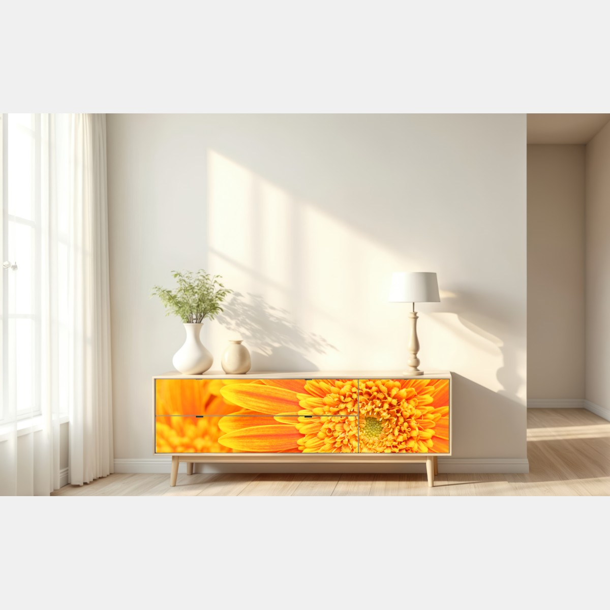 Repositionierbarer Aufkleber leuchtende orange gerbera in makro – Wallnifity® Repositionierbarer Aufkleber leuchtende orange gerbera in makro – Wallnifity®
