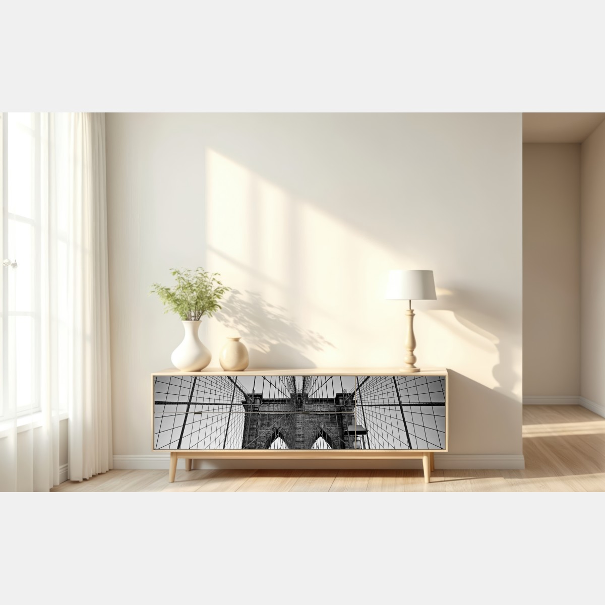 Repositionierbarer Aufkleber symmetrische hängebrücke in schwarzweiß – Wallnifity® Repositionierbarer Aufkleber symmetrische hängebrücke in schwarzweiß – Wallnifity®