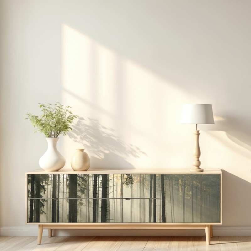 Repositionierbarer Aufkleber nebliger morgenwald mit sonnenstrahlen – Wallnifity® Repositionierbarer Aufkleber nebliger morgenwald mit sonnenstrahlen – Wallnifity®