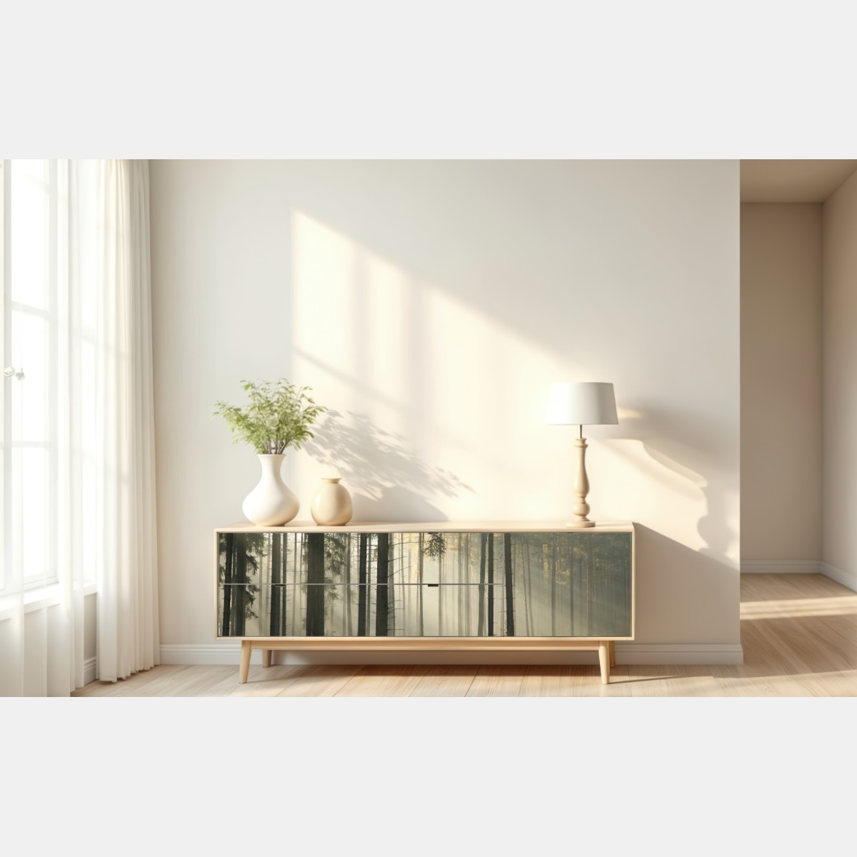Repositionierbarer Aufkleber nebliger morgenwald mit sonnenstrahlen – Wallnifity® Repositionierbarer Aufkleber nebliger morgenwald mit sonnenstrahlen – Wallnifity®