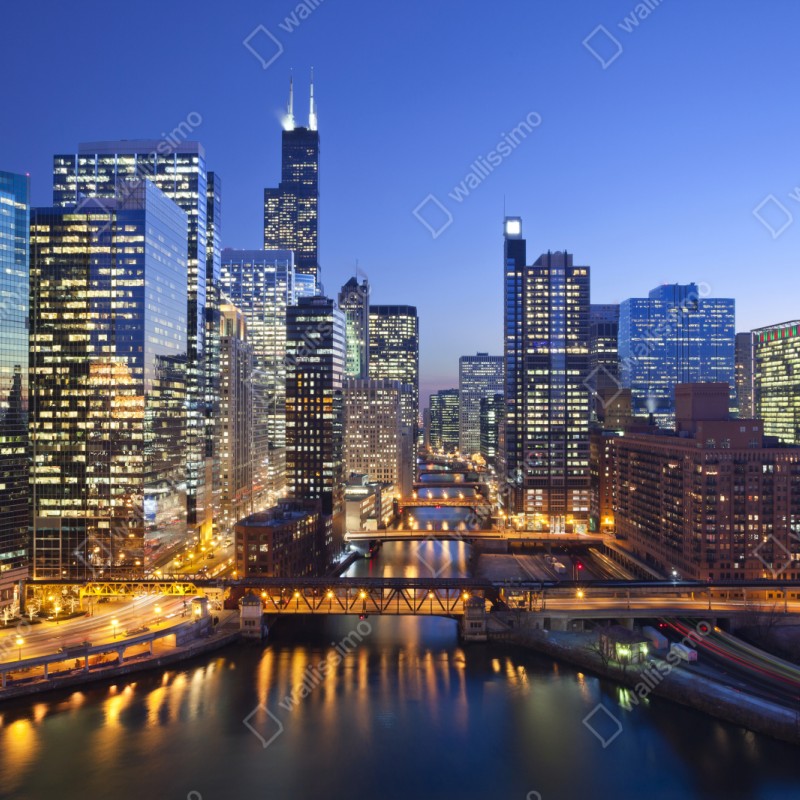 Repositionierbarer Aufkleber Chicago skyline bei dämmerung – Wallnifity® Repositionierbarer Aufkleber Chicago skyline bei dämmerung – Wallnifity®