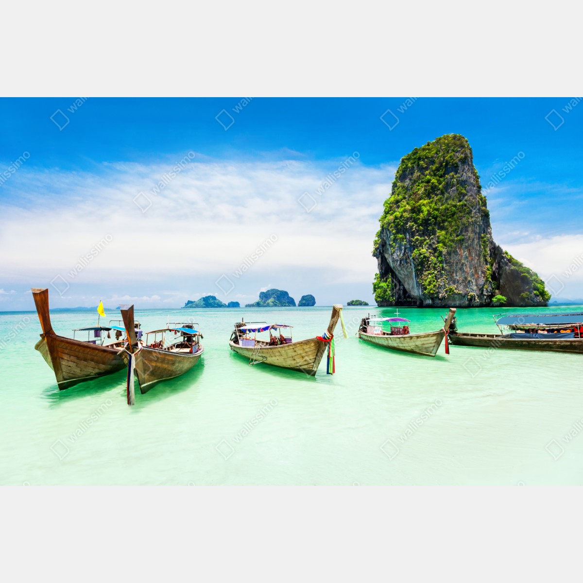 Repositionierbarer Aufkleber tropische longtail-boote am türkisfarbenen strand – Wallnifity® Repositionierbarer Aufkleber tropische longtail-boote am türkisfarbenen strand – Wallnifity®