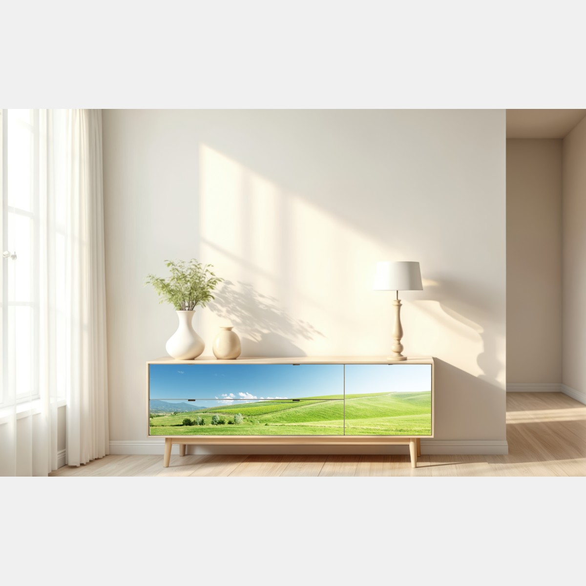 Repositionierbarer Aufkleber ruhige grüne wiesenlandschaft – Wallnifity® Repositionierbarer Aufkleber ruhige grüne wiesenlandschaft – Wallnifity®