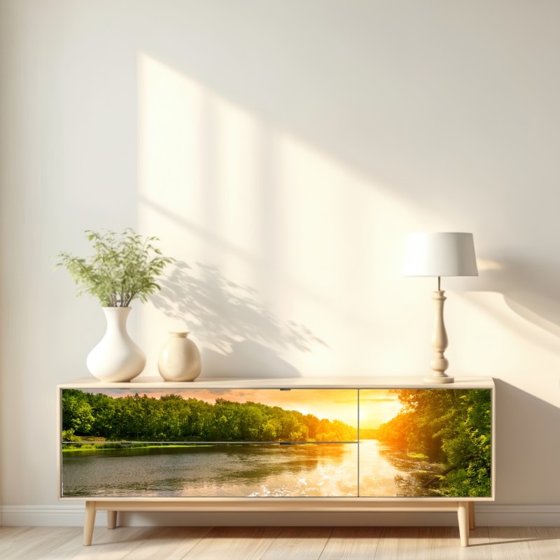 Repositionierbarer Aufkleber ruhiger sonnenuntergang am fluss im grünen wald – Wallnifity® Repositionierbarer Aufkleber ruhiger sonnenuntergang am fluss im grünen wald – Wallnifity®