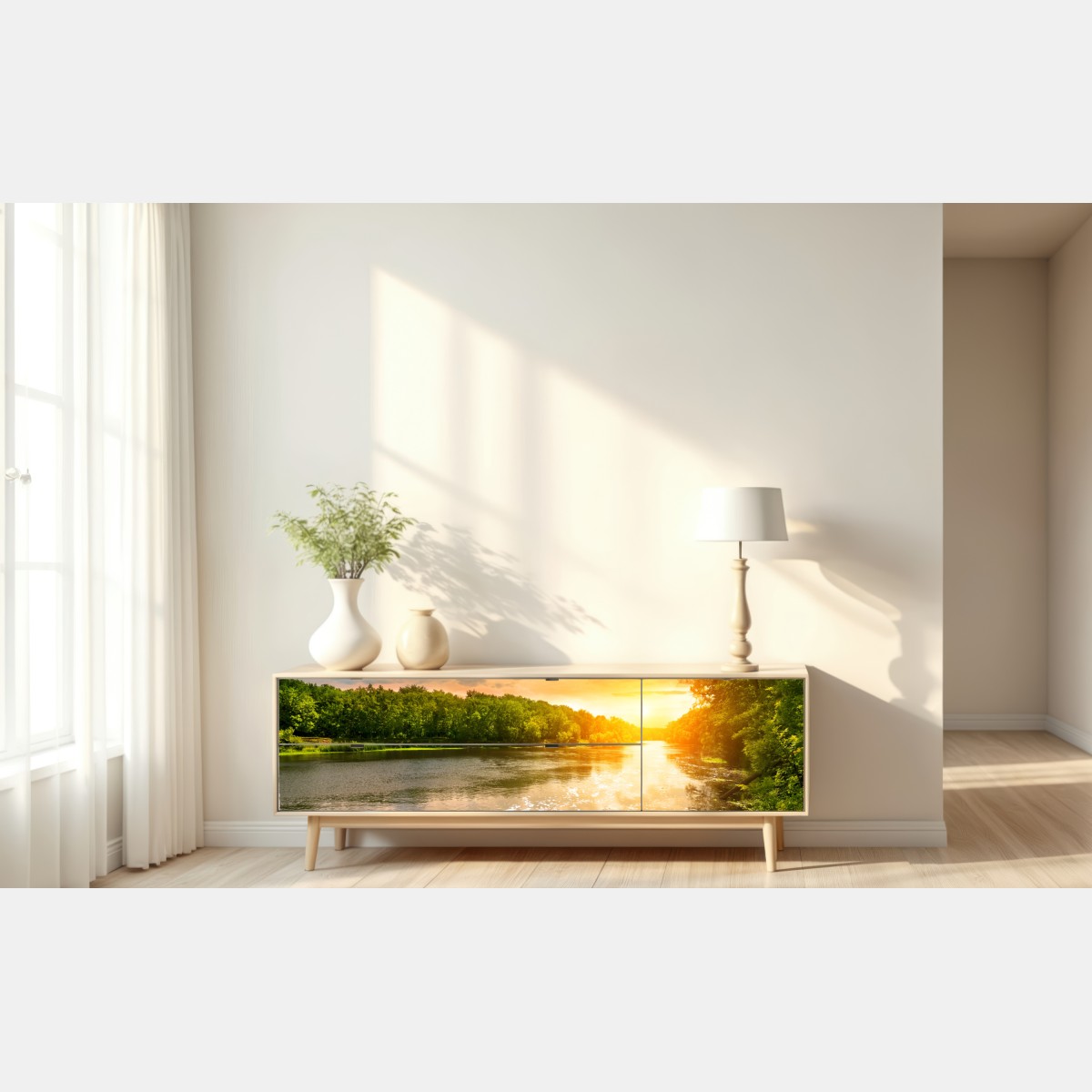 Repositionierbarer Aufkleber ruhiger sonnenuntergang am fluss im grünen wald – Wallnifity® Repositionierbarer Aufkleber ruhiger sonnenuntergang am fluss im grünen wald – Wallnifity®