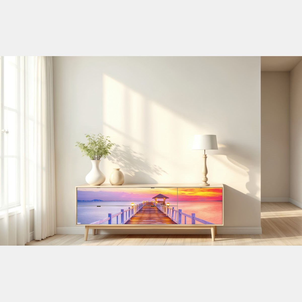 Repositionierbarer Aufkleber sonnenuntergang am steg zum ruhigen horizont – Wallnifity® Repositionierbarer Aufkleber sonnenuntergang am steg zum ruhigen horizont – Wallnifity®