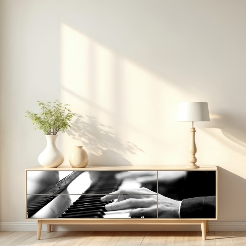 Repositionierbarer Aufkleber intime hände auf klaviertasten in monochrom – Wallnifity® Repositionierbarer Aufkleber intime hände auf klaviertasten in monochrom – Wallnifity®