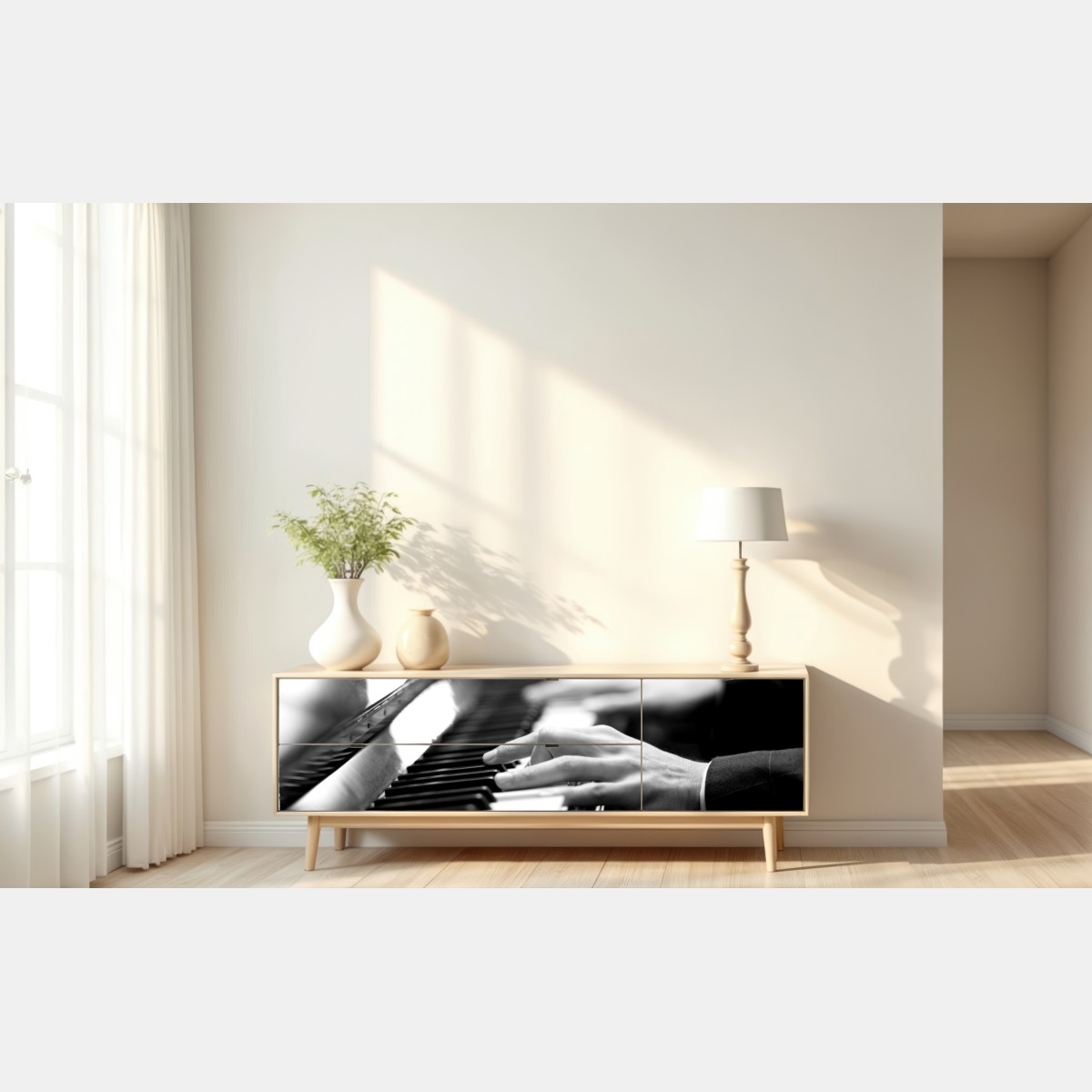 Repositionierbarer Aufkleber intime hände auf klaviertasten in monochrom – Wallnifity® Repositionierbarer Aufkleber intime hände auf klaviertasten in monochrom – Wallnifity®