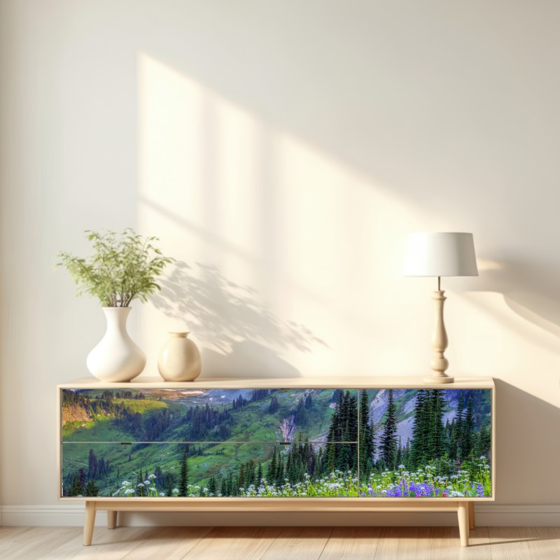 Repositionierbarer Aufkleber alpine blumenwiese vor schneebedeckten bergen – Wallnifity® Repositionierbarer Aufkleber alpine blumenwiese vor schneebedeckten bergen – Wallnifity®