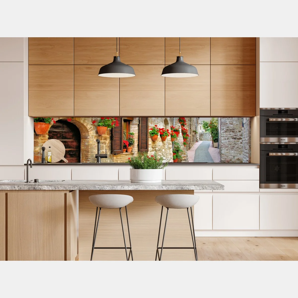 Repositionierbarer Aufkleber sonnige steingasse mit roten geranien – Wallnifity® Repositionierbarer Aufkleber sonnige steingasse mit roten geranien – Wallnifity®