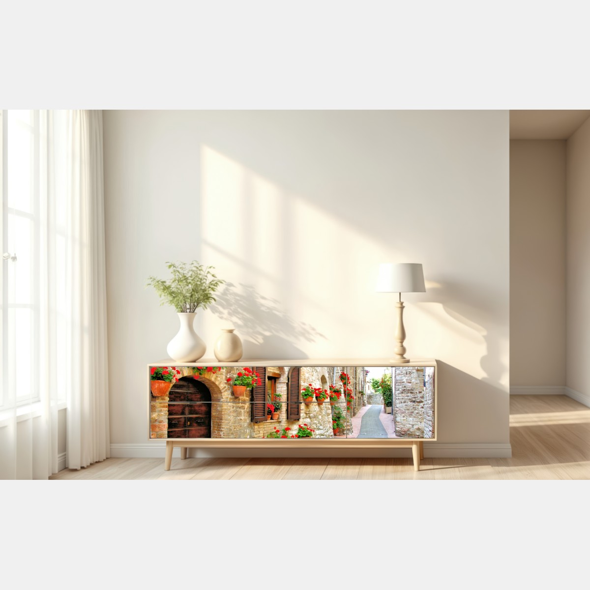 Repositionierbarer Aufkleber sonnige steingasse mit roten geranien – Wallnifity® Repositionierbarer Aufkleber sonnige steingasse mit roten geranien – Wallnifity®
