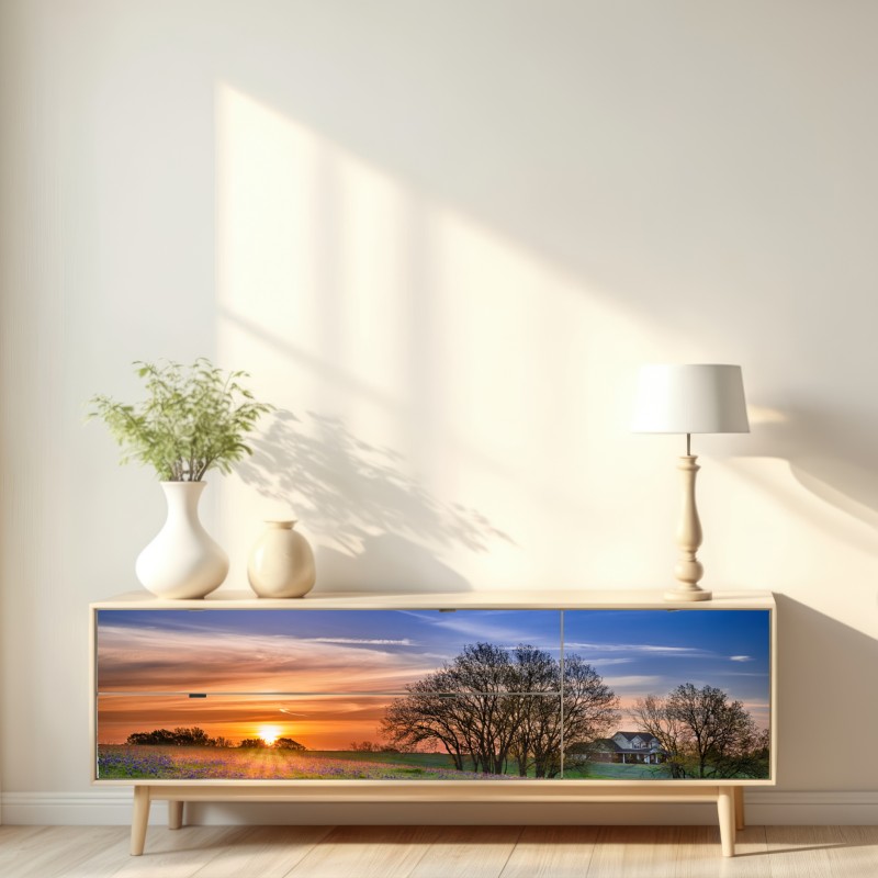 Repositionierbarer Aufkleber Texas wiese mit bluebonnets im sonnenaufgang – Wallnifity® Repositionierbarer Aufkleber Texas wiese mit bluebonnets im sonnenaufgang – Wallnifity®
