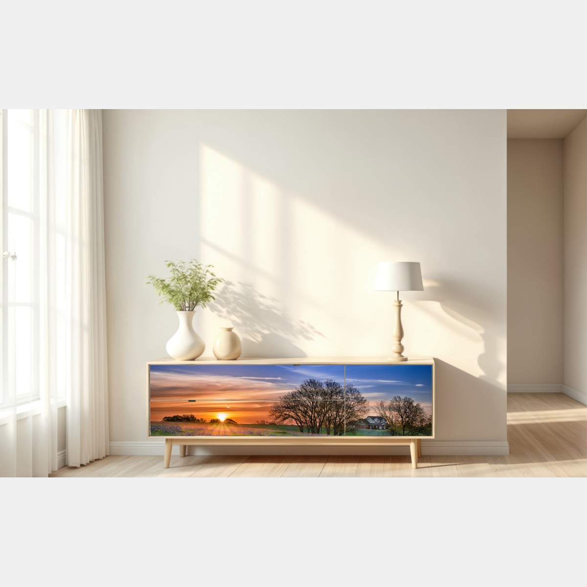 Repositionierbarer Aufkleber Texas wiese mit bluebonnets im sonnenaufgang – Wallnifity® Repositionierbarer Aufkleber Texas wiese mit bluebonnets im sonnenaufgang – Wallnifity®