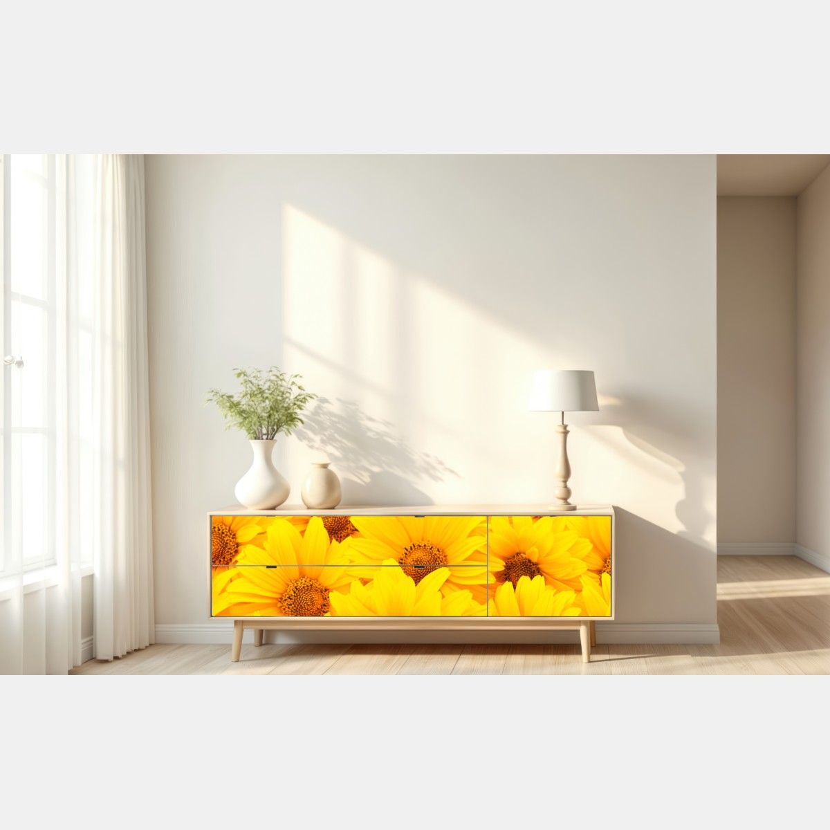 Repositionierbarer Aufkleber leuchtende gelbe sonnenblumen in nahaufnahme – Wallnifity® Repositionierbarer Aufkleber leuchtende gelbe sonnenblumen in nahaufnahme – Wallnifity®