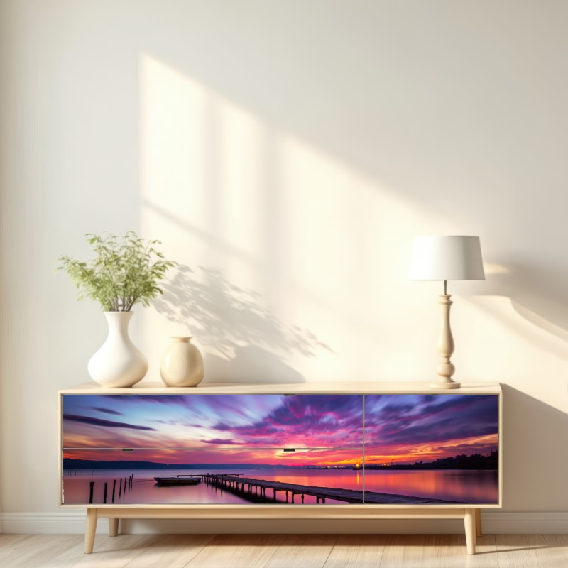 Repositionierbarer Aufkleber sonnenuntergang über ruhigem see mit hölzernem steg – Wallnifity® Repositionierbarer Aufkleber sonnenuntergang über ruhigem see mit hölzernem steg – Wallnifity®