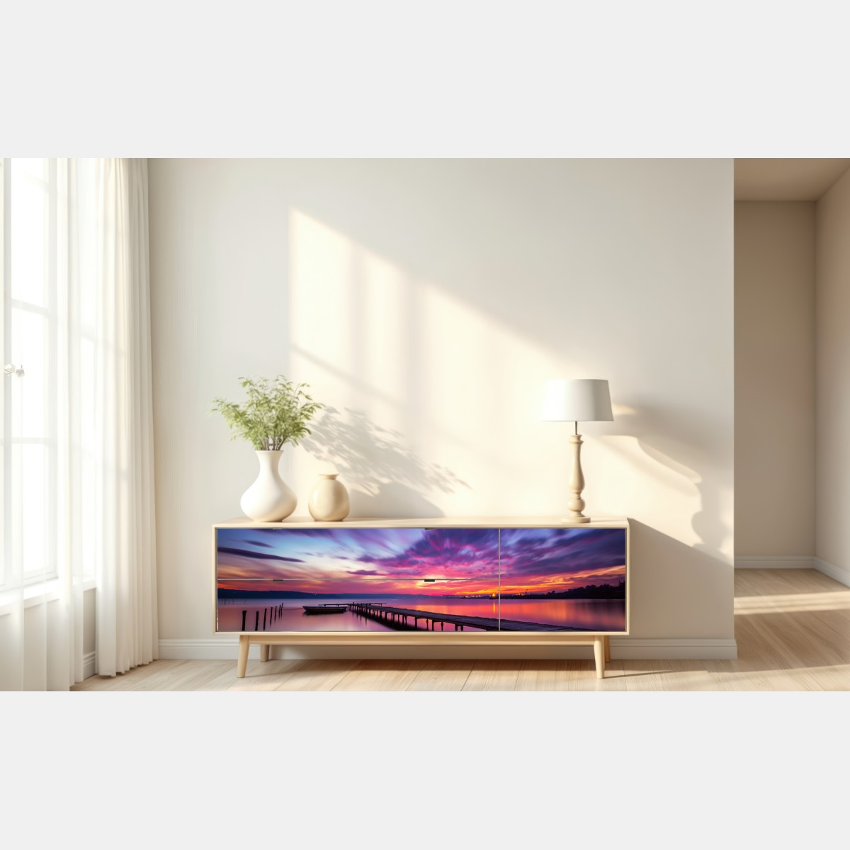 Repositionierbarer Aufkleber sonnenuntergang über ruhigem see mit hölzernem steg – Wallnifity® Repositionierbarer Aufkleber sonnenuntergang über ruhigem see mit hölzernem steg – Wallnifity®