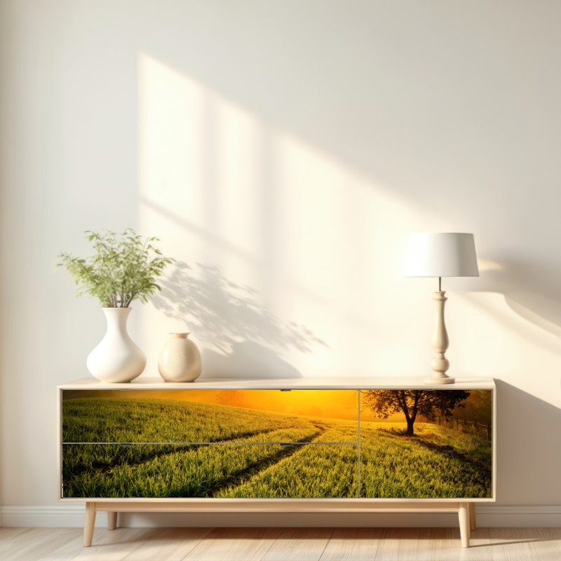Repositionierbarer Aufkleber sonnenbeschienene wiese im frühlicht – Wallnifity® Repositionierbarer Aufkleber sonnenbeschienene wiese im frühlicht – Wallnifity®