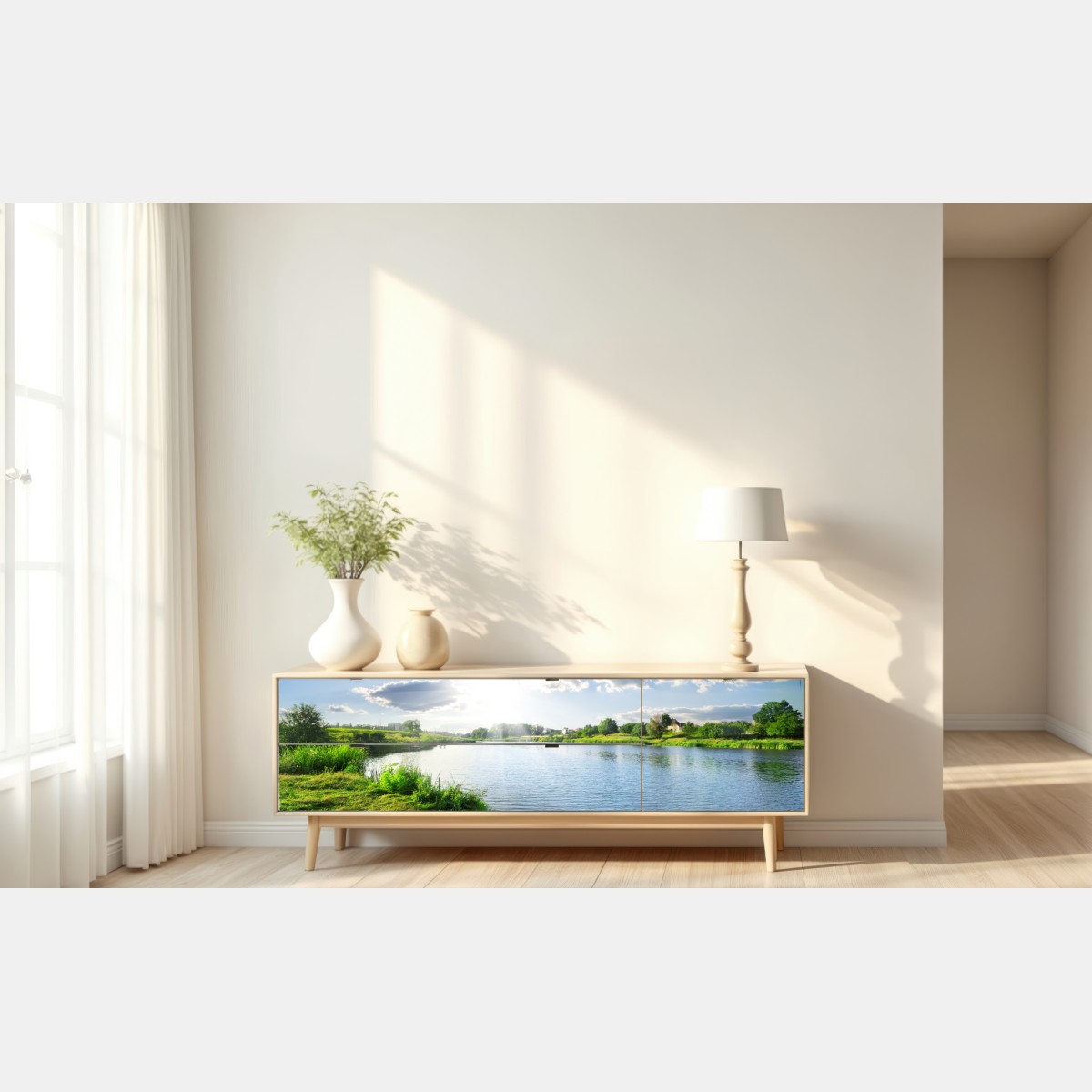 Repositionierbarer Aufkleber sonnenbeschienenes flussufer mit üppigem grün – Wallnifity® Repositionierbarer Aufkleber sonnenbeschienenes flussufer mit üppigem grün – Wallnifity®