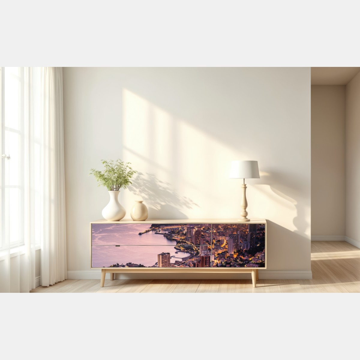 Repositionierbarer Aufkleber sonnenuntergang über der städtischen küstenlinie – Wallnifity® Repositionierbarer Aufkleber sonnenuntergang über der städtischen küstenlinie – Wallnifity®