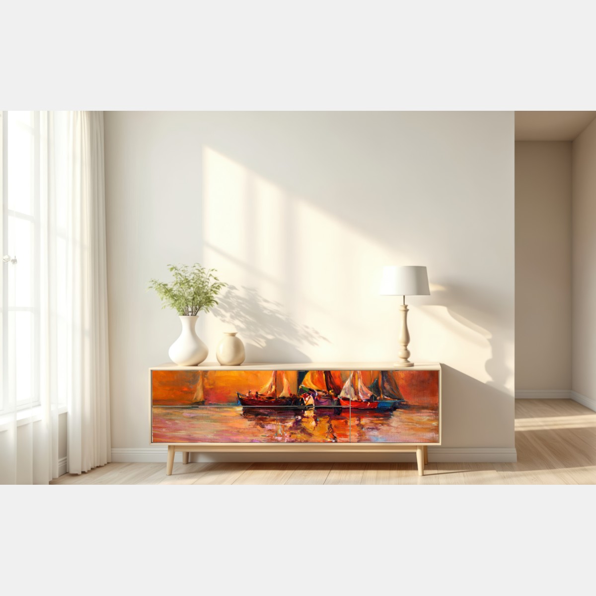 Repositionierbarer Aufkleber goldener sonnenuntergang mit segelbooten – Wallnifity® Repositionierbarer Aufkleber goldener sonnenuntergang mit segelbooten – Wallnifity®