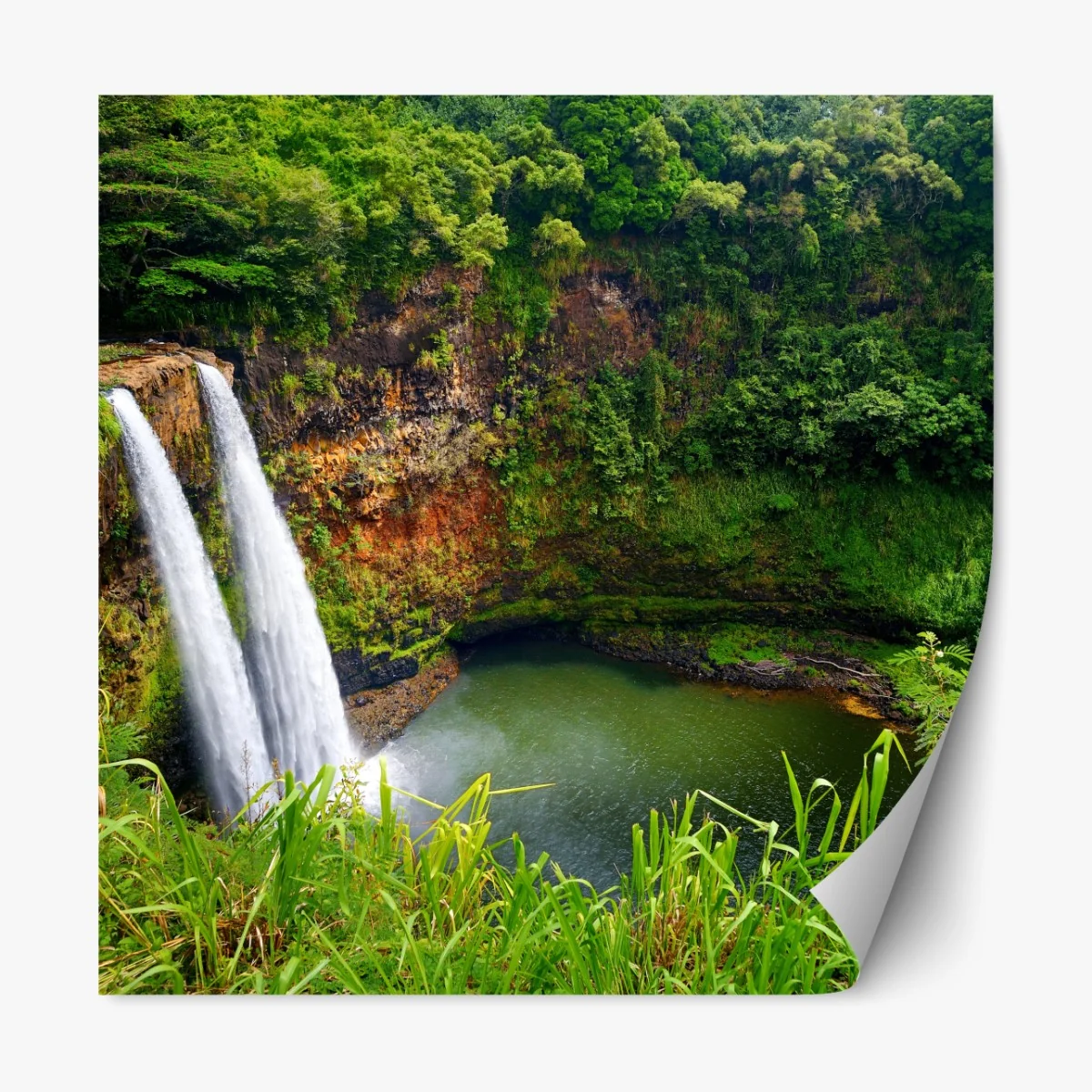 Repositionierbarer Aufkleber doppelter wasserfall im üppig grünen wald – Wallnifity® Repositionierbarer Aufkleber doppelter wasserfall im üppig grünen wald – Wallnifity®