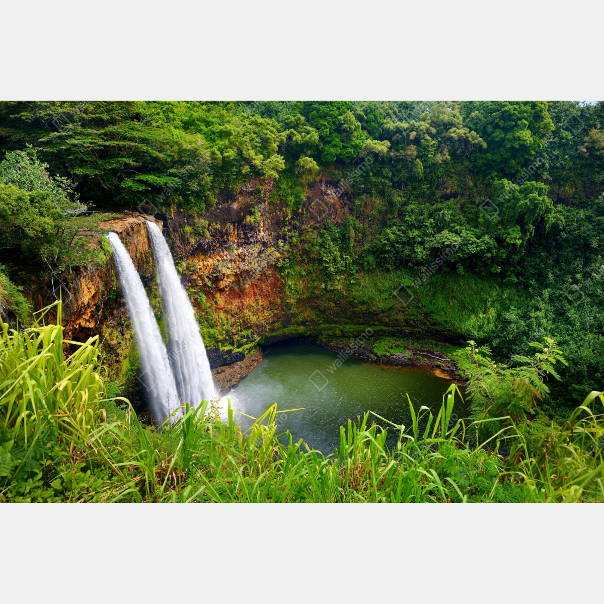 Repositionierbarer Aufkleber doppelter wasserfall im üppig grünen wald – Wallnifity® Repositionierbarer Aufkleber doppelter wasserfall im üppig grünen wald – Wallnifity®