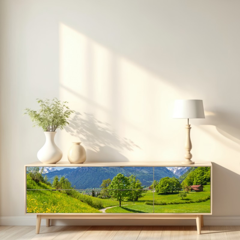 Repositionierbarer Aufkleber alpine frühlingswiese mit schneebedeckten gipfeln – Wallnifity® Repositionierbarer Aufkleber alpine frühlingswiese mit schneebedeckten gipfeln – Wallnifity®