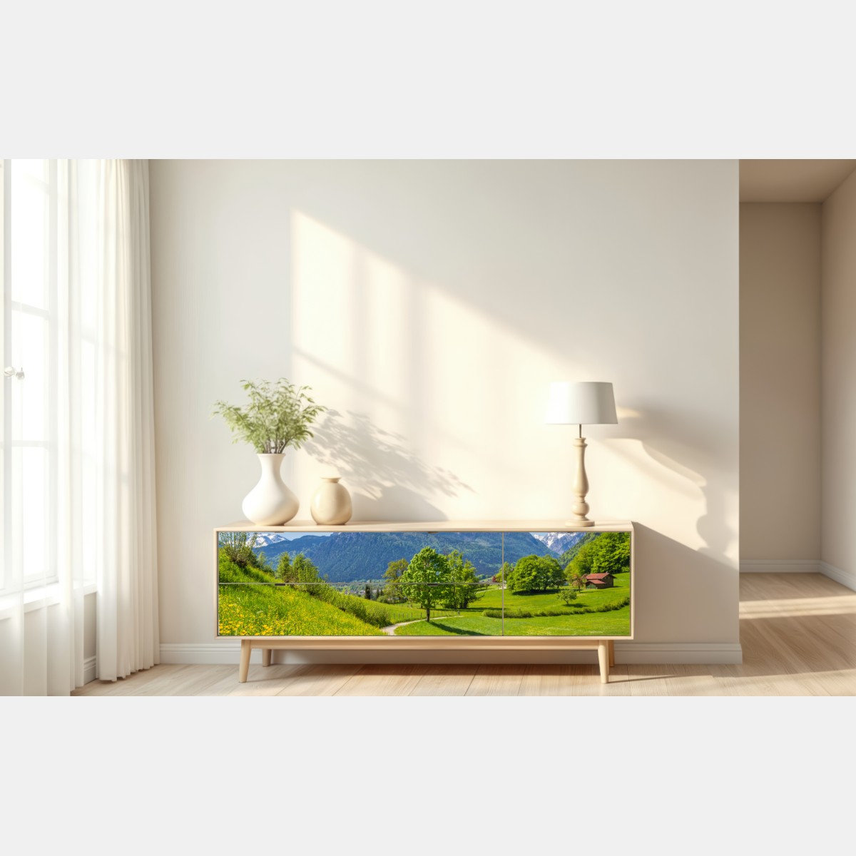 Repositionierbarer Aufkleber alpine frühlingswiese mit schneebedeckten gipfeln – Wallnifity® Repositionierbarer Aufkleber alpine frühlingswiese mit schneebedeckten gipfeln – Wallnifity®