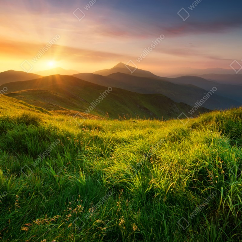 Repositionierbarer Aufkleber sonnenaufgang über dem smaragdgrünen bergtal – Wallnifity® Repositionierbarer Aufkleber sonnenaufgang über dem smaragdgrünen bergtal – Wallnifity®