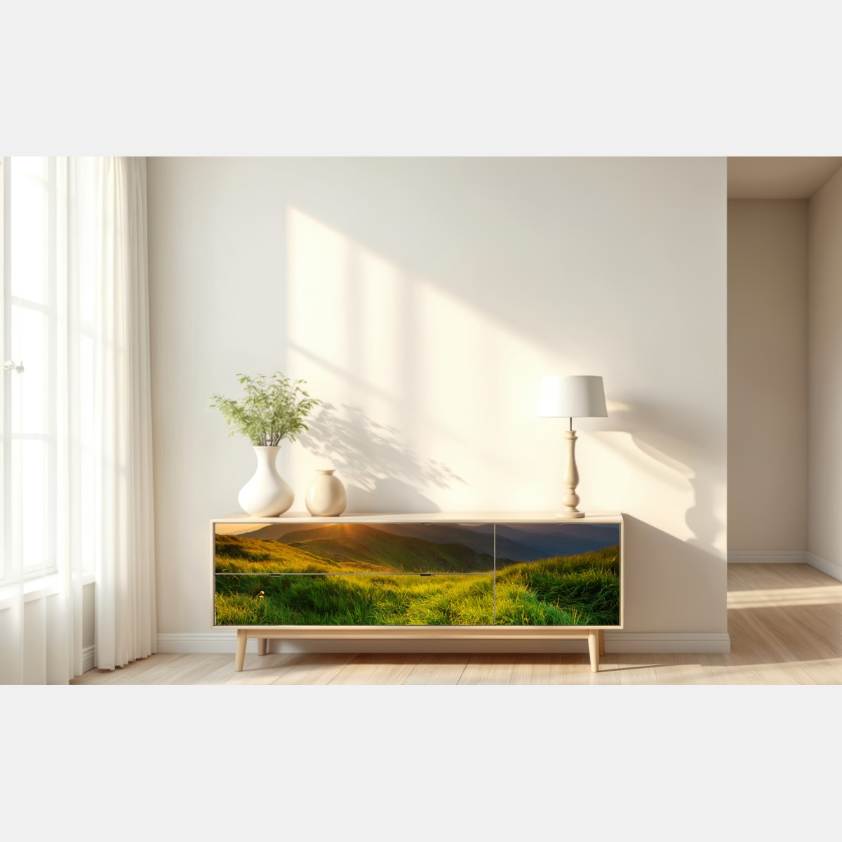 Repositionierbarer Aufkleber sonnenaufgang über dem smaragdgrünen bergtal – Wallnifity® Repositionierbarer Aufkleber sonnenaufgang über dem smaragdgrünen bergtal – Wallnifity®