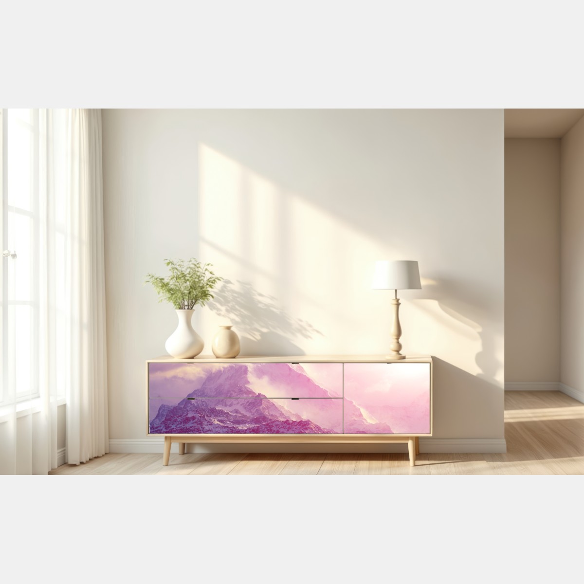 Repositionierbarer Aufkleber pastellfarbener sonnenaufgang über den bergen – Wallnifity® Repositionierbarer Aufkleber pastellfarbener sonnenaufgang über den bergen – Wallnifity®