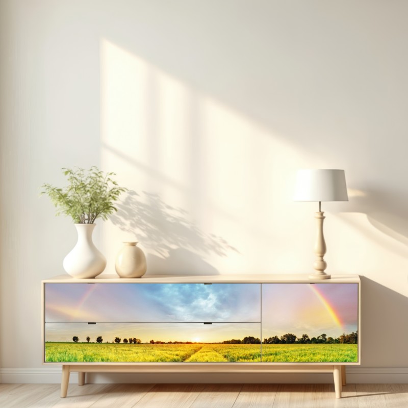 Repositionierbarer Aufkleber regenbogen über goldenem weizenfeld bei sonnenuntergang – Wallnifity® Repositionierbarer Aufkleber regenbogen über goldenem weizenfeld bei sonnenuntergang – Wallnifity®