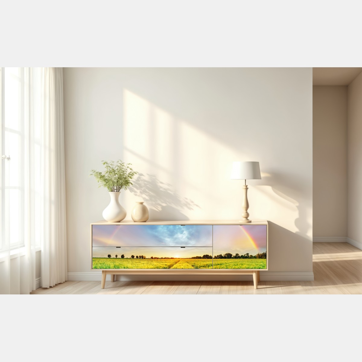 Repositionierbarer Aufkleber regenbogen über goldenem weizenfeld bei sonnenuntergang – Wallnifity® Repositionierbarer Aufkleber regenbogen über goldenem weizenfeld bei sonnenuntergang – Wallnifity®