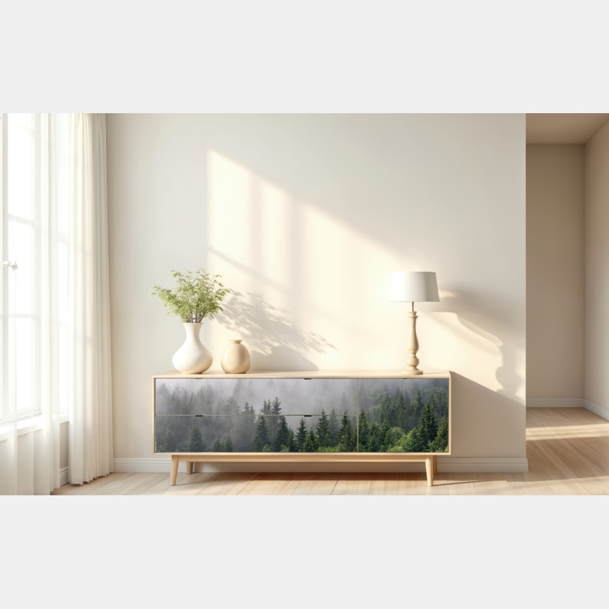 Repositionierbarer Aufkleber nebliger immergrüner wald panorama – Wallnifity® Repositionierbarer Aufkleber nebliger immergrüner wald panorama – Wallnifity®