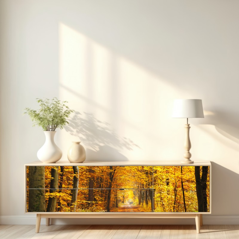 Repositionierbarer Aufkleber goldener herbstwald pfad – Wallnifity® Repositionierbarer Aufkleber goldener herbstwald pfad – Wallnifity®