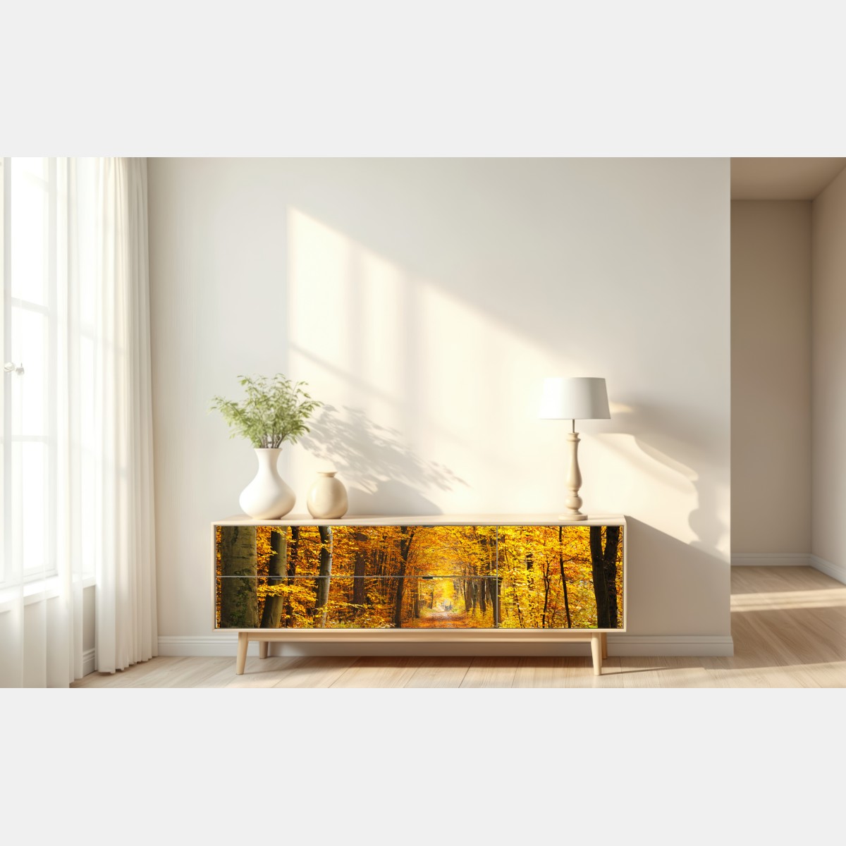 Repositionierbarer Aufkleber goldener herbstwald pfad – Wallnifity® Repositionierbarer Aufkleber goldener herbstwald pfad – Wallnifity®