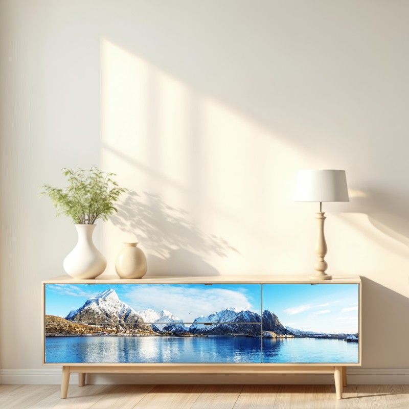 Repositionierbarer Aufkleber ruhige winterliche fjordlandschaft in Reine, Lofoten – Wallnifity® Repositionierbarer Aufkleber ruhige winterliche fjordlandschaft in Reine, Lofoten – Wallnifity®