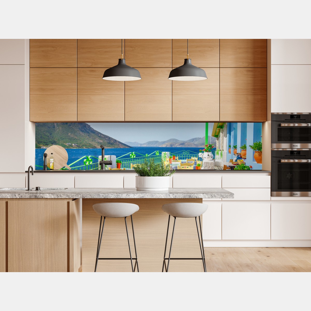 Repositionierbarer Aufkleber sonnige terrasse am meer mit küstenblick – Wallnifity® Repositionierbarer Aufkleber sonnige terrasse am meer mit küstenblick – Wallnifity®