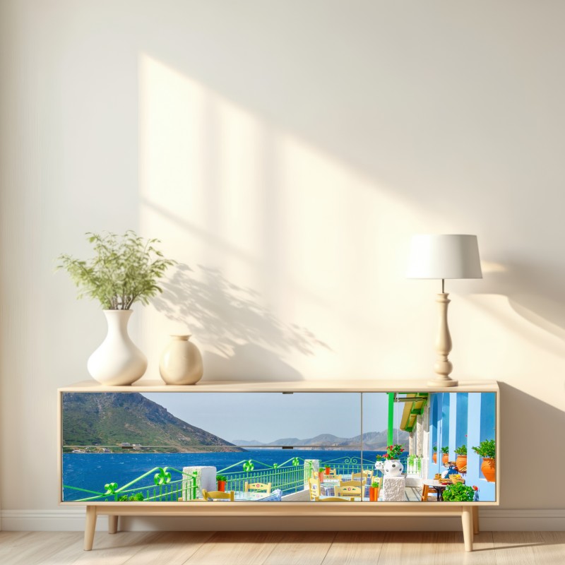 Repositionierbarer Aufkleber sonnige terrasse am meer mit küstenblick – Wallnifity® Repositionierbarer Aufkleber sonnige terrasse am meer mit küstenblick – Wallnifity®