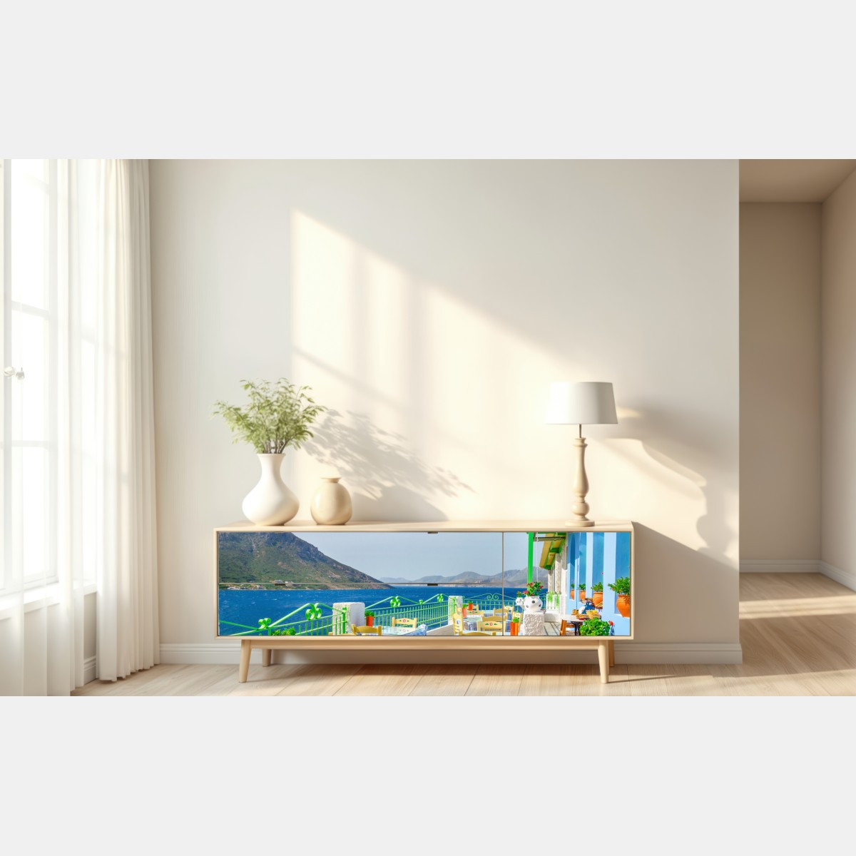Repositionierbarer Aufkleber sonnige terrasse am meer mit küstenblick – Wallnifity® Repositionierbarer Aufkleber sonnige terrasse am meer mit küstenblick – Wallnifity®