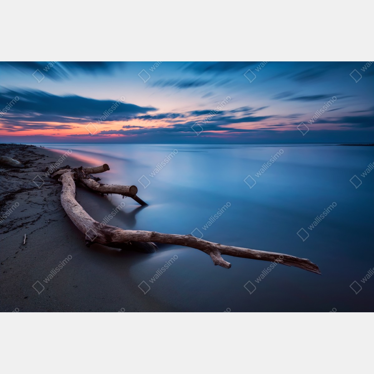 Repositionierbarer Aufkleber treibholz bei dämmerung am ruhigen strand – Wallnifity® Repositionierbarer Aufkleber treibholz bei dämmerung am ruhigen strand – Wallnifity®