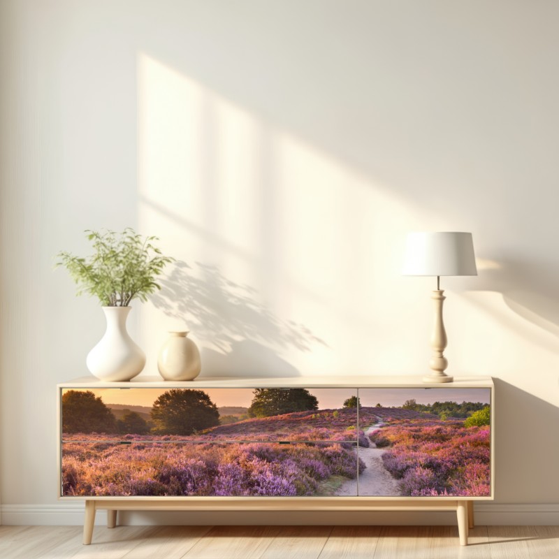 Repositionierbarer Aufkleber Posbank bei sonnenaufgang über blühender heide – Wallnifity® Repositionierbarer Aufkleber Posbank bei sonnenaufgang über blühender heide – Wallnifity®