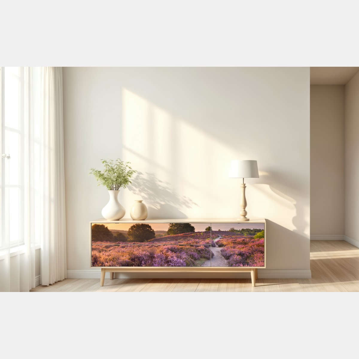 Repositionierbarer Aufkleber Posbank bei sonnenaufgang über blühender heide – Wallnifity® Repositionierbarer Aufkleber Posbank bei sonnenaufgang über blühender heide – Wallnifity®