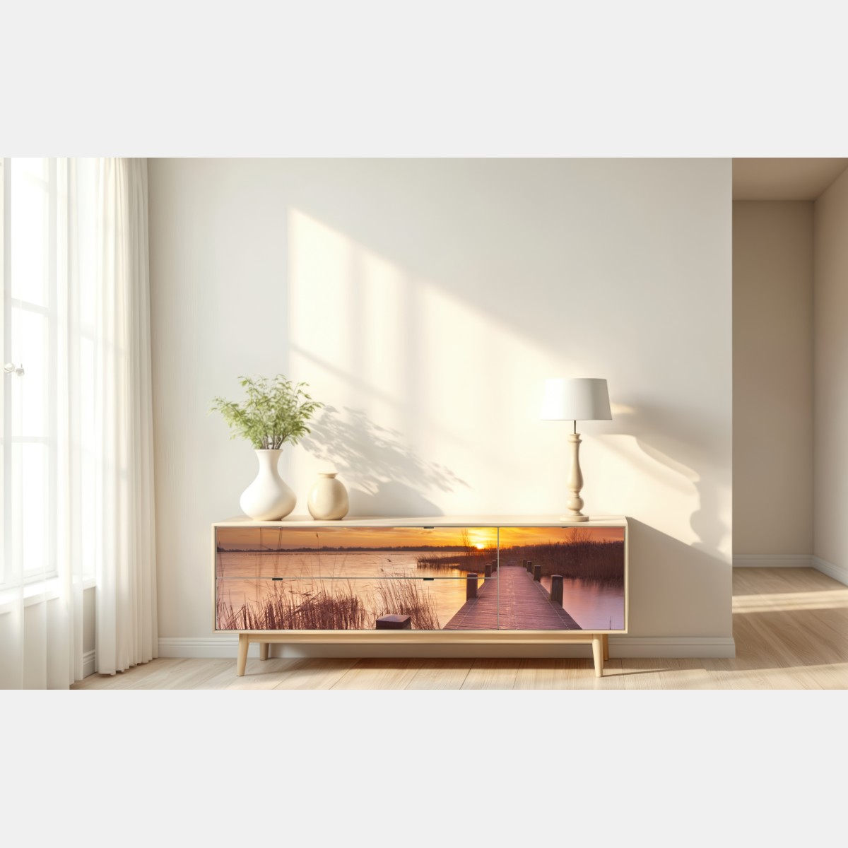 Repositionierbarer Aufkleber sonnenaufgang über dem see bei Amsterdam – Wallnifity® Repositionierbarer Aufkleber sonnenaufgang über dem see bei Amsterdam – Wallnifity®