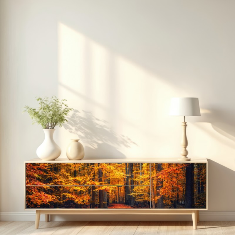 Repositionierbarer Aufkleber herbstlicher waldpfad mit goldenen blättern – Wallnifity® Repositionierbarer Aufkleber herbstlicher waldpfad mit goldenen blättern – Wallnifity®
