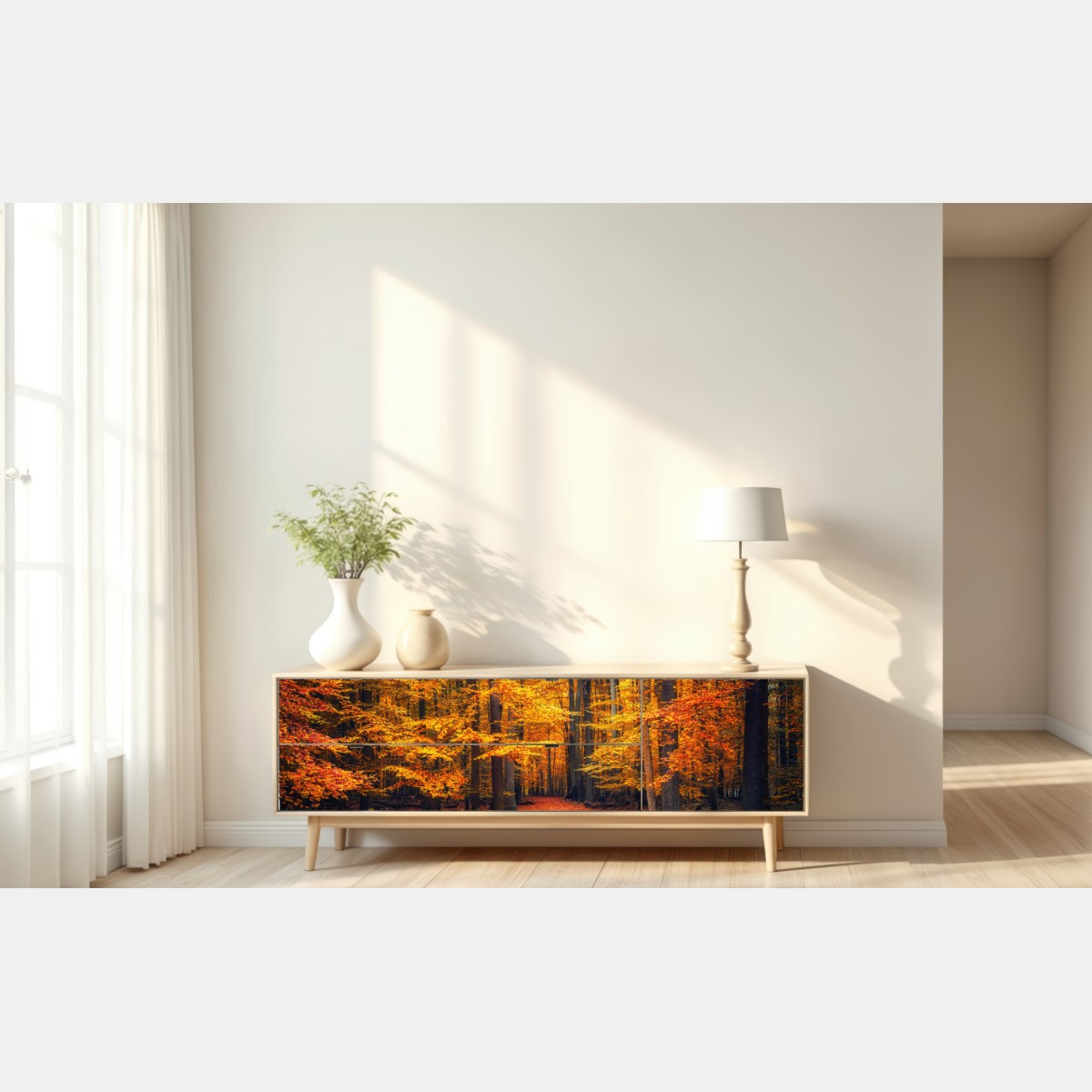 Repositionierbarer Aufkleber herbstlicher waldpfad mit goldenen blättern – Wallnifity® Repositionierbarer Aufkleber herbstlicher waldpfad mit goldenen blättern – Wallnifity®