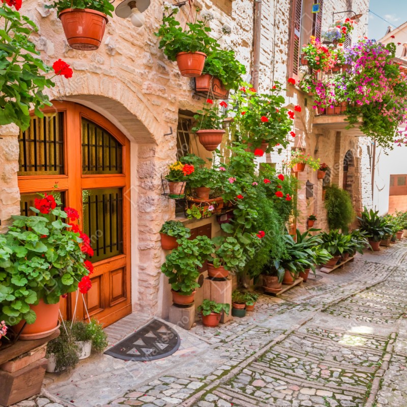 Repositionierbarer Aufkleber sonnige gasse in Italien mit blühenden töpfen – Wallnifity® Repositionierbarer Aufkleber sonnige gasse in Italien mit blühenden töpfen – Wallnifity®