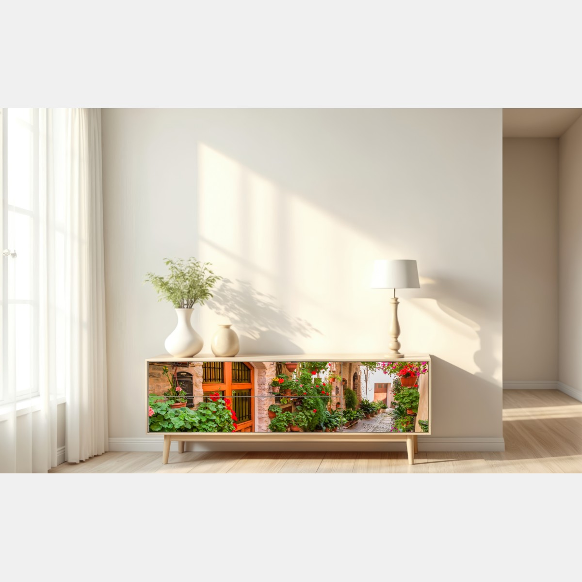 Repositionierbarer Aufkleber sonnige gasse in Italien mit blühenden töpfen – Wallnifity® Repositionierbarer Aufkleber sonnige gasse in Italien mit blühenden töpfen – Wallnifity®