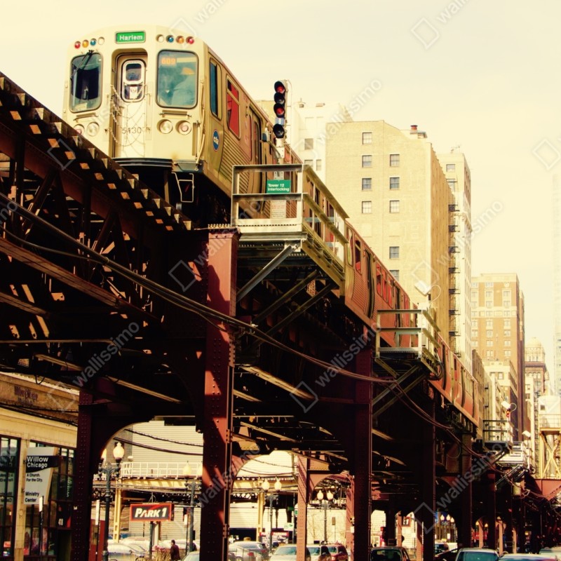 Repositionierbarer Aufkleber retro hochbahn über der stadtstraße – Wallnifity® Repositionierbarer Aufkleber retro hochbahn über der stadtstraße – Wallnifity®
