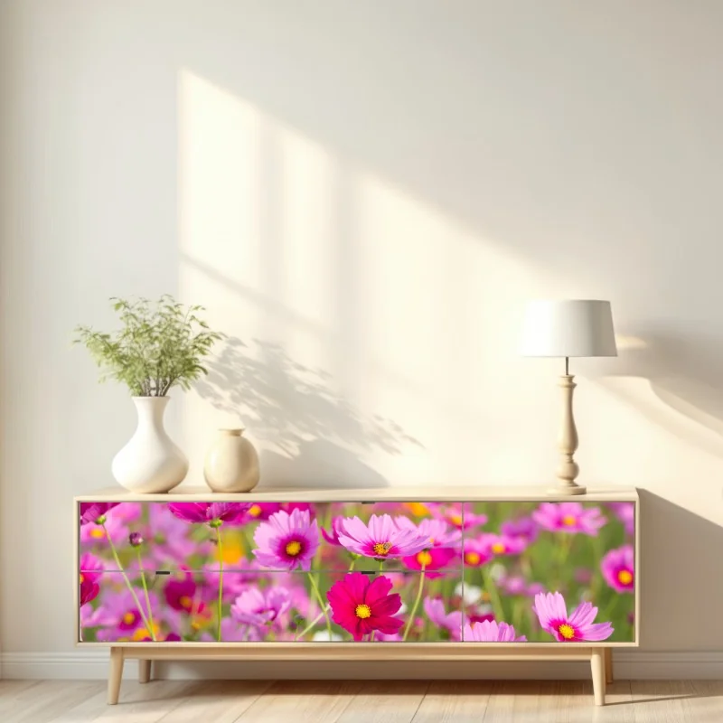 Repositionierbarer Aufkleber rosa kosmeenwiese in blüte – Wallnifity® Repositionierbarer Aufkleber rosa kosmeenwiese in blüte – Wallnifity®